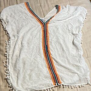 White V-Neck swim coverup with Colorful Trim 100% viscose